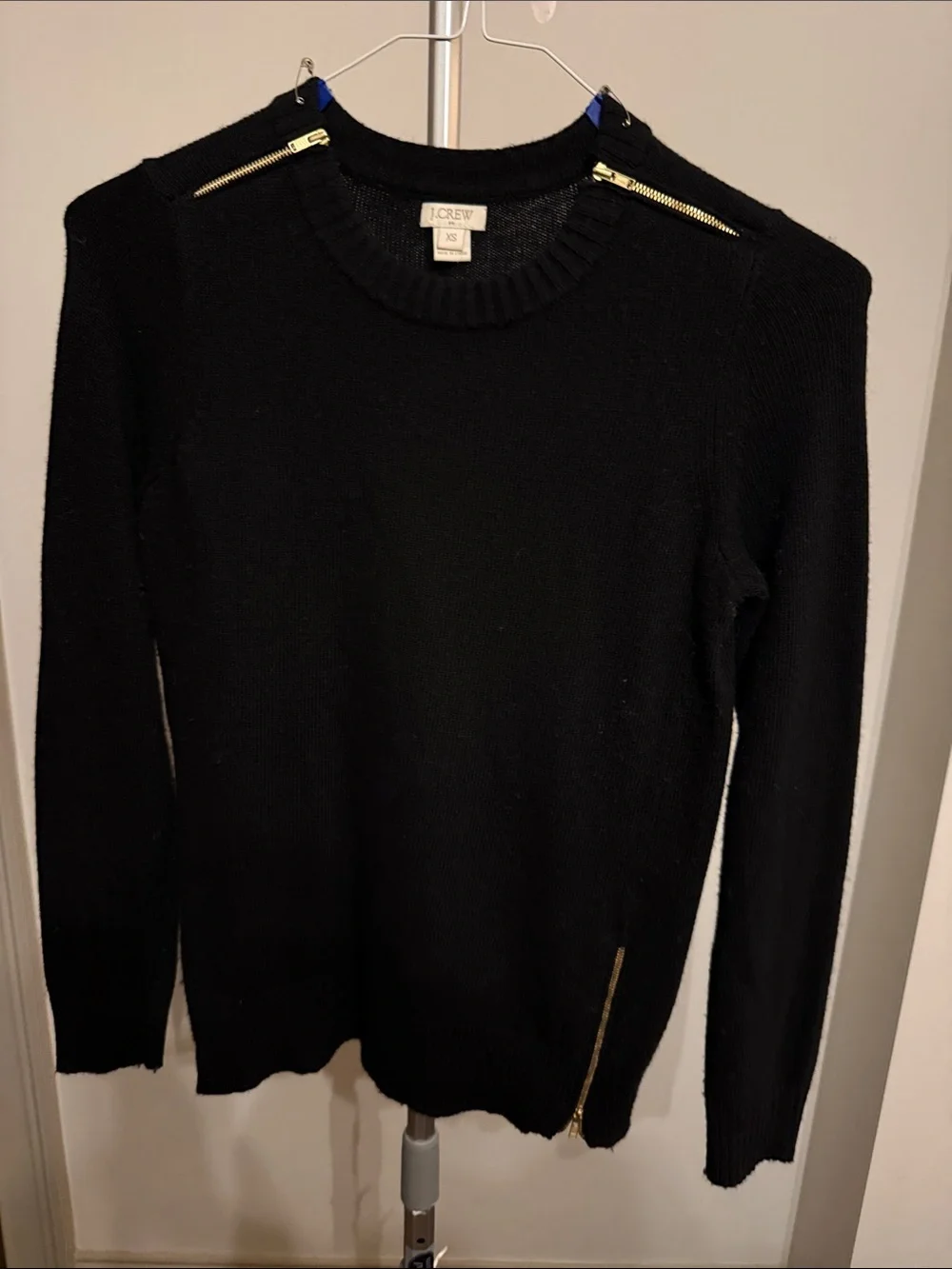 J. Crew Black Crewneck Sweater with Gold Zip Accents